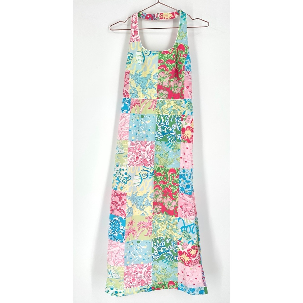 RARE Lilly Pulitzer Millennium Patchwork Hostess Dress Y2K Halter Maxi Gown